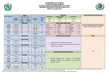 GOVERNMENT OF PAKISTAN CLIMATE CHANGE DIVISION NATIONAL DISASTER MANAGEMENT AUTHORITY MONSOON WEATHER SITUATION REPORT 2014 DATED: 22 August 2014