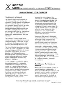 JUST THE FACTS… Information provided by The International DYSLE IA Association® UNDERSTANDING YOUR DYSLEXIA The Difference is Personal The degree of difficulty a dyslexic person has with reading, spelling, and/or spea