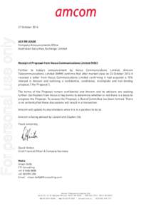 For personal use only  27 October 2014 ASX RELEASE Company Announcements Office