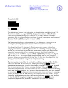 U.S. Department of Labor  Office of Labor-Management Standards Division of Enforcement Washington, DC[removed]0143 Fax: ([removed]