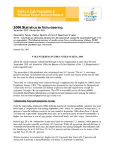 2006 Statistics in Volunteering September 2005 – September 2006 Reported by Bureau of Labor Statistics of the U.S. Department of Labor NOTE: Volunteers are defined as persons who did unpaid work (except for expenses) t