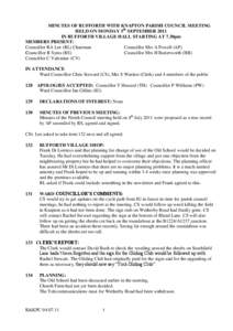 MINUTES OF RUFFORTH WITH KNAPTON PARISH COUNCIL MEETING HELD ON MONDAY 5th SEPTEMBER 2011 IN RUFFORTH VILLAGE HALL STARTING AT 7.30pm MEMBERS PRESENT: Councillor RA Lee (RL) Chairman Councillor Mrs A Powell (AP)