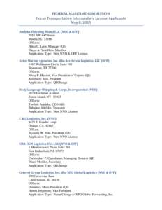 FEDERAL MARITIME COMMISSION Ocean Transportation Intermediary License Applicants May 8, 2015 Ambika Shipping Miami LLC (NVO & OFFNW 64th Street Miami, FL 33166