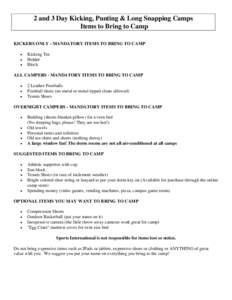 2 and 3 Day Kicking, Punting & Long Snapping Camps Items to Bring to Camp KICKERS ONLY - MANDATORY ITEMS TO BRING TO CAMP   