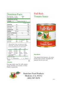 Full Red® Tomato Sauce Nutrition Facts Serving Size ¼ Cup Servings Per Container