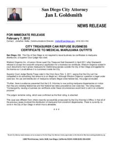 San Diego City Attorney  Jan I. Goldsmith NEWS RELEASE FOR IMMEDIATE RELEASE February 7, 2012