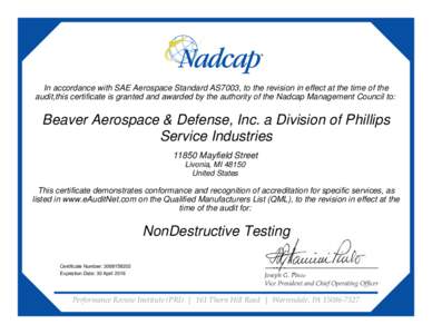 Science / Maintenance / Tests / Technology / Nondestructive testing / Accreditation / Hamilton Sundstrand / Evaluation / Aerospace engineering / Nadcap