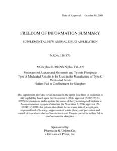 Date of Approval:  October 19, 2009 FREEDOM OF INFORMATION SUMMARY SUPPLEMENTAL NEW ANIMAL DRUG APPLICATION