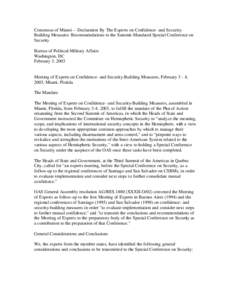 Consensus of Miami -- Declaration By The Experts on Confidence- and SecurityBuilding Measures: Recommendations to the Summit-Mandated Special Conference on Security Bureau of Political-Military Affairs Washington, DC Feb