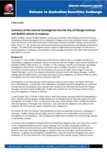 4 MarchSummary  of  the  internal  investigation  into  the  City  of  Chicago  Contract   and  Redflex  actions  in  response Redflex  Holdings  Limited  (“Redflex  Holdings”)  announces a