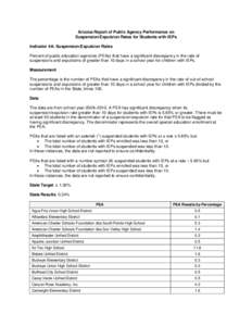 Arizona Report of Public Agency Performance on Suspension/Expulsion Rates for Students with IEPs Indicator 4A: Suspension/Expulsion Rates Percent of public education agencies (PEAs) that have a significant discrepancy in