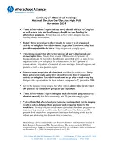 AFTERSCHOOL FOR ALL  Summary of Afterschool Findings: National Election Eve/Election Night Poll November 2008 • Three in four voters (76 percent) say newly elected officials in Congress,