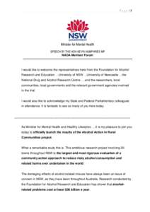 Page |1  Minister for Mental Health SPEECH BY THE HON KEVIN HUMPHRIES MP NADA Member Forum