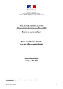 Discours de Christian ECKERT - Examen du projet de loi de réglèment du budget et d'approbation des comptes de l'année 2015 à l'Assemblée nation, le lundi 4 juillet 2016