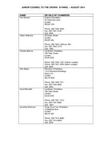 JUNIOR COUNSEL TO THE CROWN - B PANEL – AUGUST[removed]NAME DETAILS OF CHAMBERS