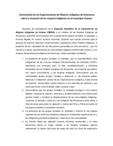 Comunicado de las Organizaciones de Mujeres Indígenas de Amazonas sobre la situación de las mujeres indígenas en el municipio Autana Nosotras, las participantes de la Segunda Asamblea de la Organización de Mujeres In