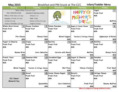 MayInfant/Toddler Menu Breakfast and PM Snack at The CCC