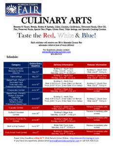 CULINARY ARTS  Beeswax & Honey, Breads, Butters & Spreads, Cakes, Cookies, Confections, Decorated Foods, Olive Oil, Pies, Preserved Foods, Special Diet (Vegan, Gluten Free), Table Settings, and Specialty Cooking Contests