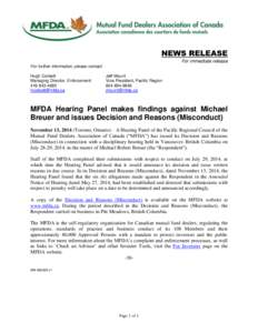 News release - MFDA Hearing Panel makes findings against Michael Breuer and issues Decision and Reasons (Misconduct)