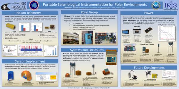 Portable Seismological Instrumentation for Polar Environments IRIS PASSCAL Polar Group: Paul Carpenter, Jason Hebert, Doug Bloomquist, Dean Childs, and Jason Leiker Polar Group  Iridium Telemetry