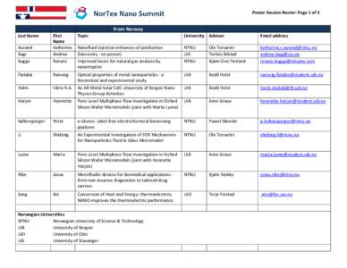 Poster Session Roster: Page 1 of 3  From Norway Last Name  Topic