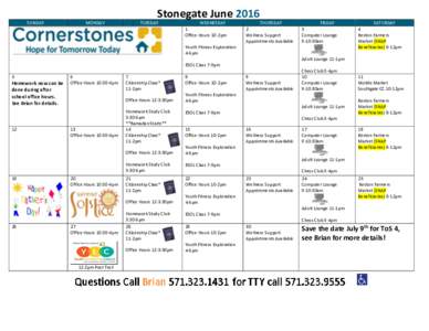 Stonegate June 2016 SUNDAY MONDAY  TUESDAY