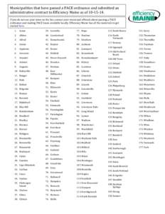 Municipalities that have passed a PACE ordinance and submitted an administrative contract to Efficiency Maine as of[removed]If you do not see your town on the list, contact your municipal officials about passing a PACE