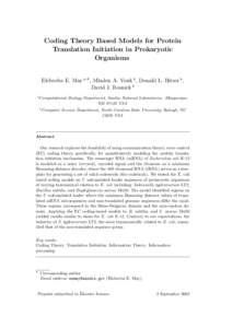 Coding Theory Based Models for Protein Translation Initiation in Prokaryotic Organisms Elebeoba E. May a,∗ , Mladen A. Vouk b , Donald L. Bitzer b , David I. Rosnick b a Computational