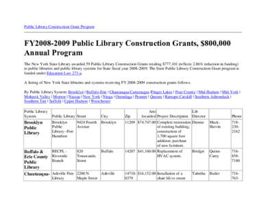 Public Library Construction Grant Program  FY2008-2009 Public Library Construction Grants, $800,000 Annual Program The New York State Library awarded 59 Public Library Construction Grants totaling $777,101 (reflects 2.86