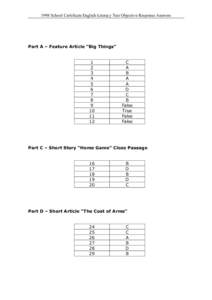 1998 School Certificate English-Literacy Test Objective Response Answers  Part A – Feature Article “Big Things” 1 2