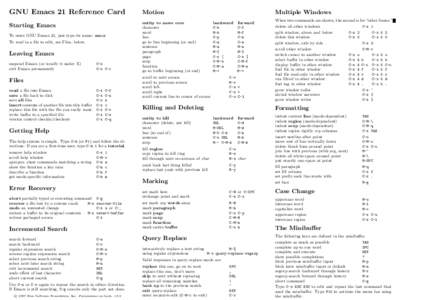 GNU Emacs 21 Reference Card  Motion Starting Emacs