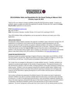      2014 Exhibitor Rules and Regulations for the Grand Tasting at Morven Park  Saturday, August 30, 2014 