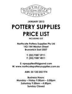 JANUARYPOTTERY SUPPLIES PRICE LIST INCLUDING GST