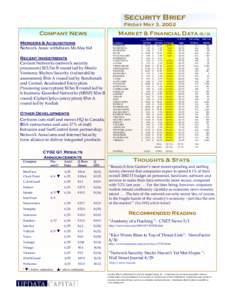 Security Brief Friday May 3, 2002 Market & Financial DataCompany News