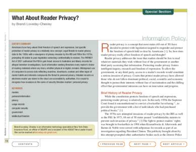 Special Section  What About Reader Privacy? Bulletin of the Association for Information Science and Technology – October/November 2014 – Volume 41, Number 1  by Brandi Loveday-Chesley