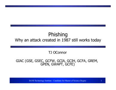 Phishing  Why an attack created in 1987 still works today TJ OConnor GIAC (GSE, GSEC, GCFW, GCIA, GCIH, GCFA, GREM, GPEN, GWAPT, GCFE)