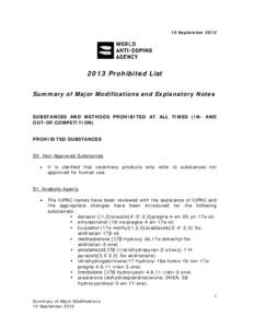 10 September[removed]Prohibited List Summary of Major Modifications and Explanatory Notes  SUBSTANCES AND METHODS PROHIBITED AT ALL TIMES (IN- AND