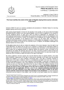 Court of Justice of the European Union PRESS RELEASE No[removed]Luxembourg, 11 December 2014 Press and Information