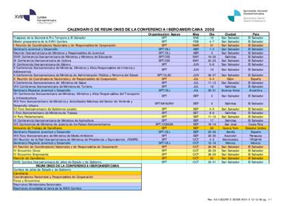 CALENDARIO DE REUNIONES DE LA CONFERENCIA IBEROAMERICANA 2008 Traspaso de la Secretaría Pro Tempore a El Salvador Misión preparatoria de la XVIII Cumbre I Reunión de Coordinadores Nacionales y de Responsables de Coope