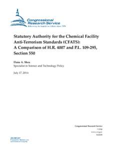 Statutory Authority for the Chemical Facility Anti-Terrorism Standards (CFATS): A Comparison of H.R[removed]and P.L[removed], Section 550