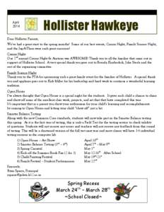 April 2014 Hollister Hawkeye  Dear Hollister Parents,