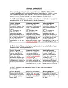 NOTICE OF MOTION Notice is hereby given that the following amendments to ALBERTA REGULATION[removed], Professional and Occupational Associations Registration Act, SUPPLY CHAIN MANAGEMENT ASSOCIATION ALBERTA REGULATION, wil