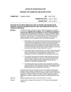 BOARD OF HIGHER EDUCATION REQUEST FOR COMMITTEE AND BOARD ACTION