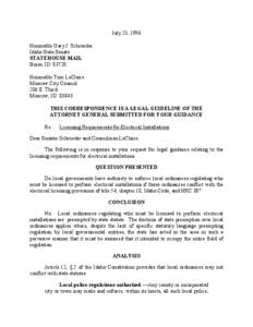 July 23, 1996 Honorable Gary J. Schroeder Idaho State Senate STATEHOUSE MAIL Boise, ID[removed]Honorable Tom LeClaire