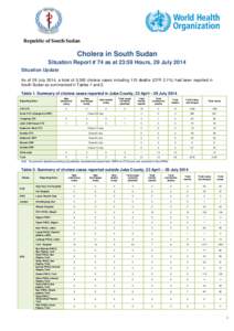Republic of South Sudan  Cholera in South Sudan Situation Report # 74 as at 23:59 Hours, 29 July 2014 Situation Update As of 29 July 2014, a total of 5,365 cholera cases including 115 deaths (CFR 2.1%) had been reported 