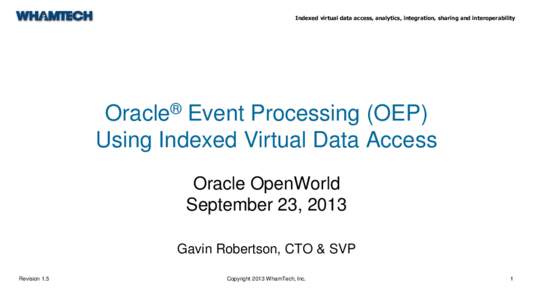 Indexed virtual data access, analytics, integration, sharing and interoperability  Oracle® Event Processing (OEP) Using Indexed Virtual Data Access Oracle OpenWorld September 23, 2013