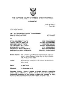 THE SUPREME COURT OF APPEAL OF SOUTH AFRICA JUDGMENT Case No: [removed]Reportable In the matter between: