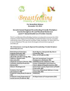 For Immediate Release November 18, 2016 Seventh Annual Regional Breastfeeding-Friendly Workplace Awards Recognizes DC and Maryland Businesses (and 3rd Annual Health Care Provider Award) The D.C. and Maryland Breastfeedin