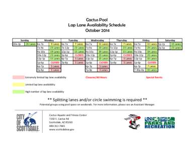 Cactus Pool Lap Lane Availability Schedule October 2014 Monday Sunday 10a-2p
