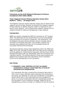 34 Envirolink  Comments on the draft National Statement of Science Investment[removed]NSSI) From: Regional Council Science Advisory Group (Gary Bedford – Chair) – 20 August 2014